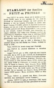 ‘Stamlijst der families Petit en Fritsen’.